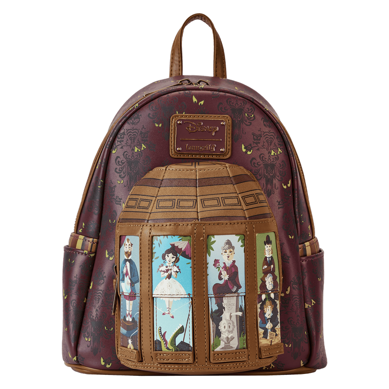 Image of our Haunted Mansion figural mini backpack against a white background, featuring the moving portraits in their extended version.